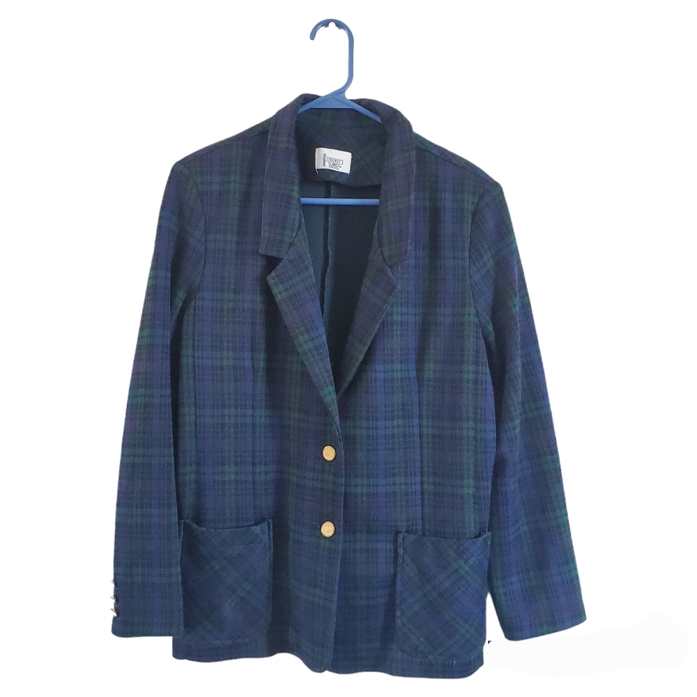 Vintage Cricket Lane blue & green plaid gold button woman’s blazer sz L